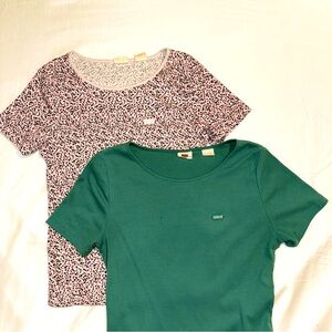 Levi’s Basic Tee Shirts Bundle of 2 Ribbed Pink Floral and Teal/Green